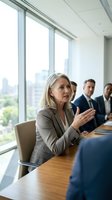 Confident mature Caucasian businesswoman speaking at corporate boardroom meeting with male colleagues, leadership and teamwork concept.