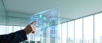 Businessman hand touching digital holographic interface with global network icons and data visualization in modern office with city skyline view.