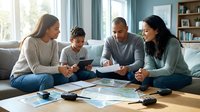 Mixed-race family of four sitting on couch reviewing financial documents and using tablet for home budget planning and investment decisions.