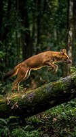 Red fox leaping over fallen log in dense forest habitat showcasing natural wildlife behavior and agility in woodland environment.