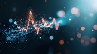 Glowing heart rate pulse wave with sparkles and bokeh effects on dark turquoise background, medical and healthcare concept visualization.