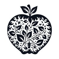 Decorative black silhouette of apple with intricate floral pattern inside, featuring ornamental leaves and swirls on transparent background.