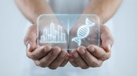 Male hands holding transparent digital display with financial charts and DNA helix symbol, representing biotechnology investment, genetic research funding, and science-based business growth.