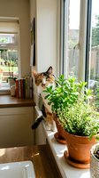Curious tabby cat sitting on sunny windowsill next to potted herbs and houseplants in cozy home interior with natural light streaming through windows.
