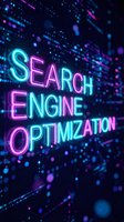 Neon search engine optimization text glowing in vibrant blue and pink colors against dark digital background with bokeh lights for web marketing concepts.