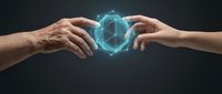 Two hands reaching toward glowing digital network sphere representing connection, technology transfer, and collaboration between generations on dark background.