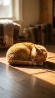 Ginger cat curled up sleeping on wooden floor in sunlight streaming through window in cozy home interior.