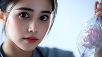Young Asian woman with natural makeup and glowing skin holding transparent plastic bag with soft pink tones, representing beauty and skincare concept.