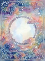 Watercolor Asian-style decorative frame with swirling clouds, waves, and circular center in pastel pink, blue, and purple tones.