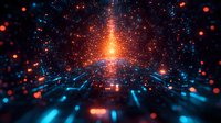 Abstract futuristic tunnel with glowing orange and blue lights creating depth perspective, particles and bokeh effects floating in dark space background.