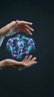 Hands holding glowing neon neural network with purple and cyan energy, representing artificial intelligence, brain technology, and digital innovation for healthcare and tech concepts.