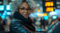 Stylish mature African American woman with silver curly hair and glasses wearing leather jacket and scarf against blurred urban night lights background.