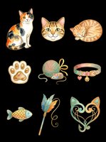 Watercolor cat clipart set with cats, paw print, yarn ball, mouse toy, collar, fish, feather wand, and decorative mask, isolated on transparent background for stickers, T-shirts, print on demand.