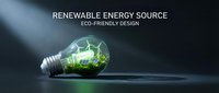 Glowing light bulb with wind turbines and solar panels inside, symbolizing renewable energy and eco-friendly sustainable power solutions on dark background.