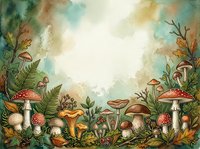 Enchanted forest floor with various mushrooms, toadstools, ferns, and woodland plants arranged in a natural border frame around a luminous central space, rendered in soft watercolor tones of green, brown, and cream for nature-themed designs.