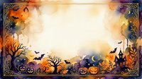 Halloween frame with pumpkins, bats, haunted house and spooky trees on orange background for autumn holiday designs and seasonal decorations.