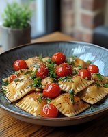 Homemade ravioli pasta with cherry tomatoes and fresh herbs served in ceramic bowl on wooden table for Italian cuisine dining experience.