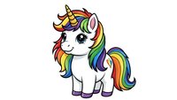 Cute cartoon unicorn with rainbow mane and tail on white background, magical fantasy character for children's designs and decorations.