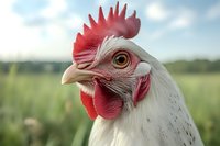 White hen with red comb and wattles in profile view against blurred farm landscape background for poultry farming and agriculture concepts.