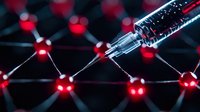 Medical syringe with needle against glowing red molecular structure background showing scientific research and pharmaceutical development concept.