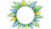 Watercolor tropical leaves frame with white circle center isolated on transparent background for logo design and branding projects.