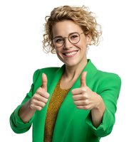 Confident young woman with curly blonde hair wearing glasses and bright green blazer showing thumbs up gesture on white background.