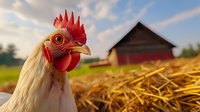 Close up portrait of white rooster with red comb against rustic farm background with barn and hay, showcasing agricultural lifestyle and organic farming concept.
