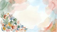 Watercolor botanical arrangement with potted plants, flowers, and foliage in soft pastel tones on isolated white background, suitable for design projects and creative layouts.