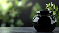 Black ceramic pot with fresh green leaves on dark background with soft bokeh effect, minimalist spa and wellness composition for relaxation concept.