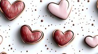 Pink and red heart shaped chocolates with metallic sheen scattered on white background with cocoa powder sprinkles, romantic confectionery pattern for Valentine's Day designs.