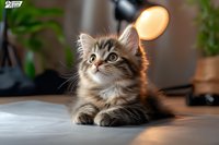 Adorable tabby kitten with striped fur sitting indoors with warm lighting, perfect for pet care, animal welfare, and domestic cat content.