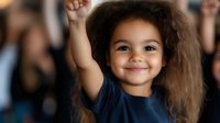 Joyful child with curly hair raising arm in celebration, expressing happiness and achievement against blurred background.