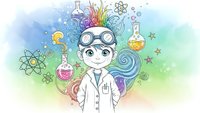 Young female scientist with colorful rainbow hair conducting chemistry experiments with beakers and molecular structures on watercolor background.