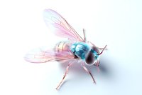 Colorful blue and pink fly with transparent wings isolated on white background, macro photography showing detailed insect anatomy.
