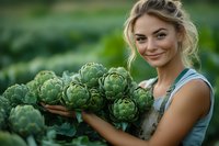 Young Caucasian female farmer holding fresh artichokes in garden. Natural lighting highlights her genuine smile while harvesting organic vegetables for farm-to-table produce.