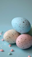 Speckled pastel Easter eggs in blue, beige and pink arranged on turquoise background with scattered confetti dots creating festive spring holiday composition.