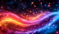 Colorful cosmic wave of glowing particles with vibrant red, orange, and blue hues against dark space background, creating abstract celestial art.