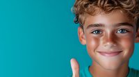 Young Caucasian boy with curly blonde hair and bright blue eyes smiling warmly against turquoise background, showing positive emotions and genuine happiness.
