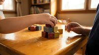 Child hands playing with colorful wooden building blocks on table in warm home interior with natural sunlight streaming through windows.