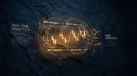 Holographic cryptocurrency trading interface displaying real-time bitcoin and gold price charts with candlestick analysis on dark textured background for financial technology and investment concepts.