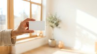 Person holding blank white business card in bright modern interior with window light and minimalist decor, suitable for branding and corporate mockups.