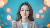 Young Asian woman with glasses and coral lipstick smiling confidently against blurred turquoise background with golden bokeh lights. Professional portrait for business and lifestyle content.