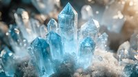 Luminous blue crystal cluster formation with glowing points emerging from white crystalline base, macro photography showing detailed mineral structure and light refraction.