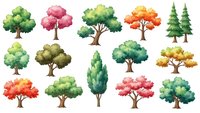 Colorful cartoon trees collection with vibrant foliage in various shapes and seasons isolated on white background for nature design projects.