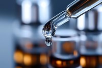 Glass dropper with transparent liquid drop falling, captured in macro against blurred amber bottles background in medical or cosmetic setting.