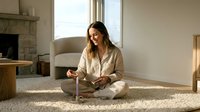 Young woman in beige pajamas sitting cross-legged on carpet reading book in sunlit living room with fireplace creating peaceful morning atmosphere.