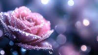 Pink rose with water drops and morning dew sparkles against dark blurred background with bokeh lights creating romantic atmosphere for valentines and wedding designs.