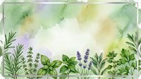 Watercolor herb garden border with rosemary, basil, lavender, and parsley on soft green background, perfect for natural wellness or culinary designs.