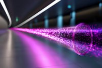 Glowing purple light beam with sparkling particles passing through circular lens against dark background, creating futuristic science effect.