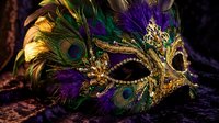 Ornate golden carnival mask with peacock feathers and purple accents on dark fabric background for masquerade ball celebration and festive party decoration.